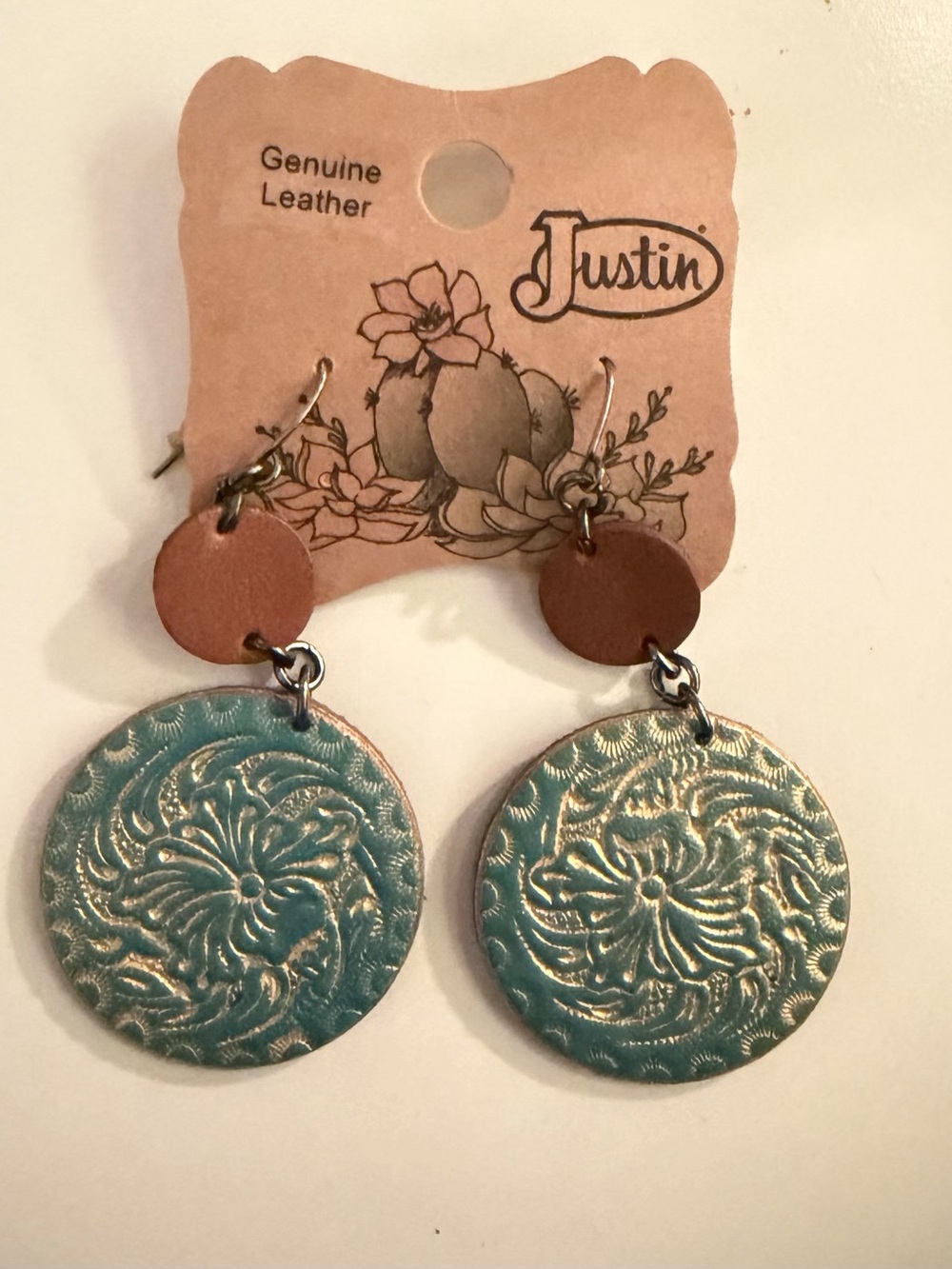 Justin Floral Leather Dangle Earrings in Green & Brown NWT
